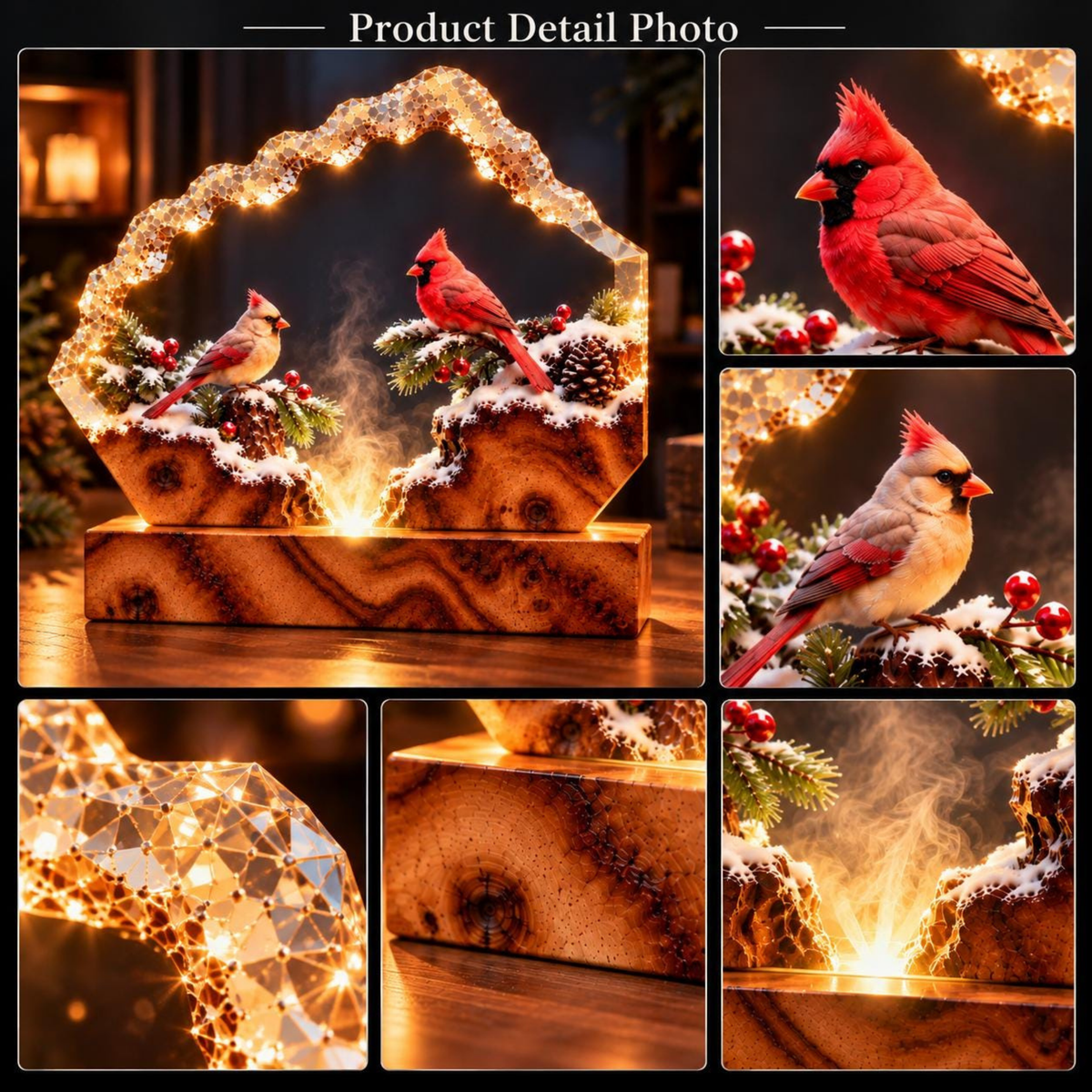 Romantic Cardinal Couple Resin Lamp - Winter Bird Night Light