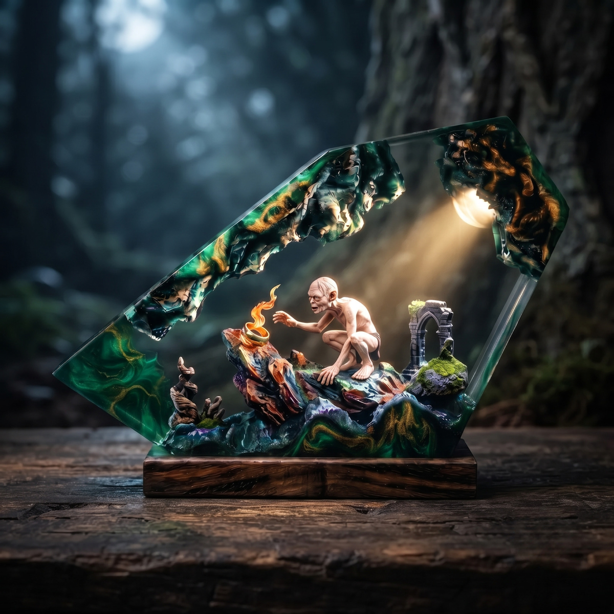 Cave Monster Lava Resin Lamp, Fantasy Volcano Ring Wood Diorama LED Desk Light, Halloween Gift For Him