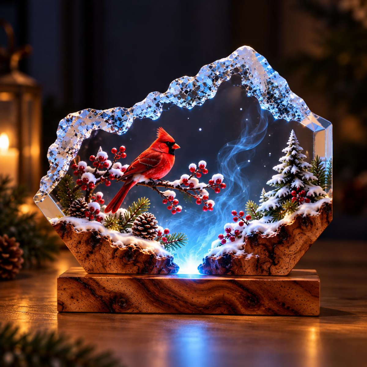 Snowy Woodland Cardinal Night Light - Handmade Resin Lamp