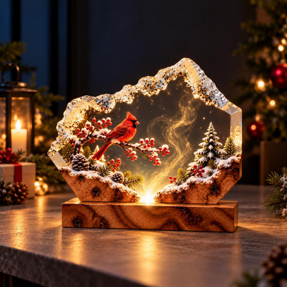Snowy Woodland Cardinal Night Light - Handmade Resin Lamp