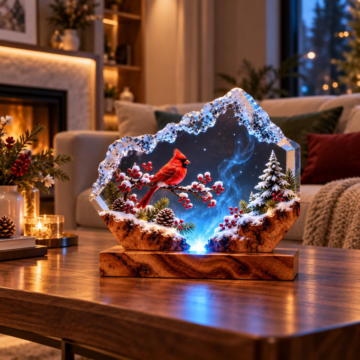 Snowy Woodland Cardinal Night Light - Handmade Resin Lamp