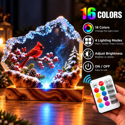 Snowy Woodland Cardinal Night Light - Handmade Resin Lamp
