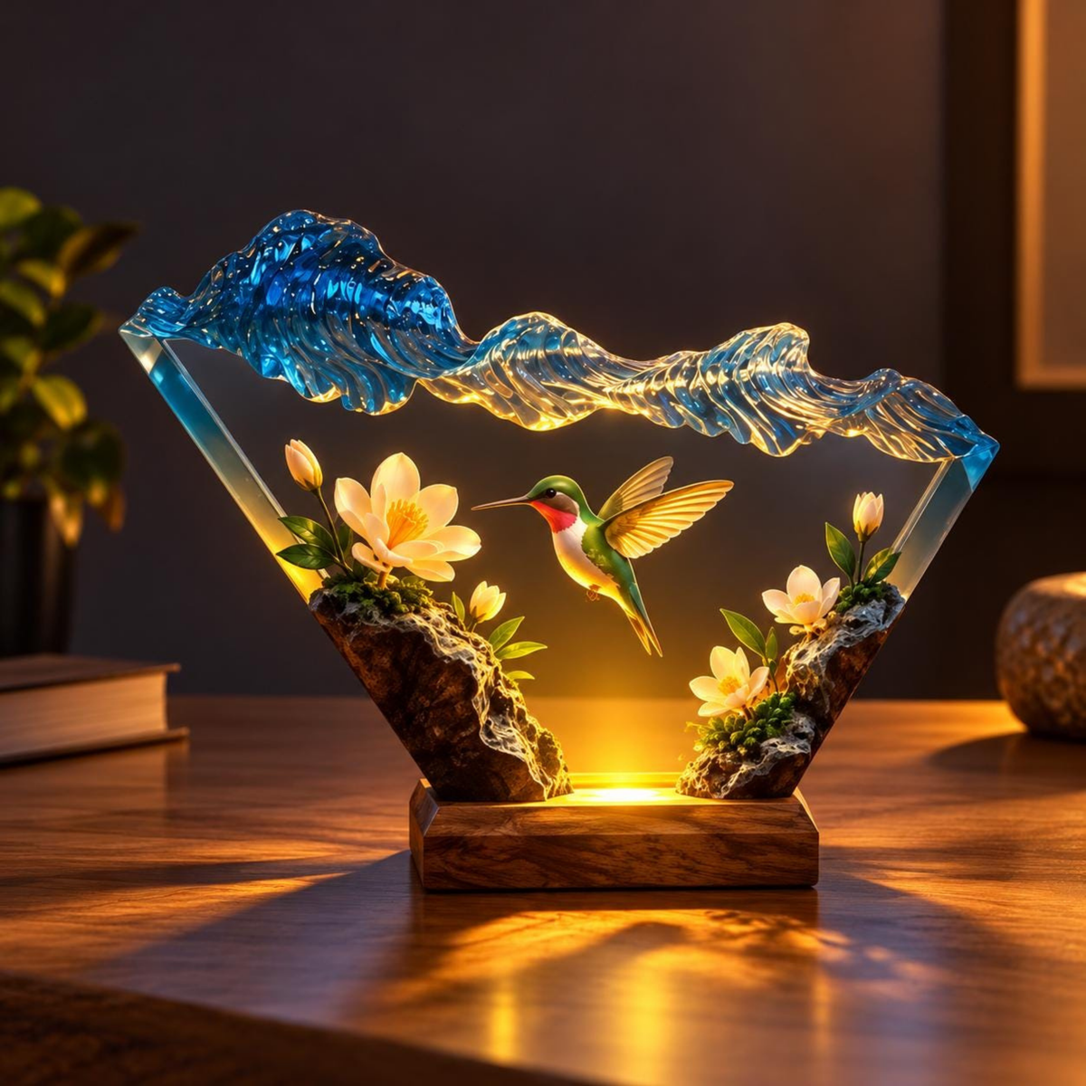 Handmade Hummingbird Resin Lamp - Floral LED Night Light