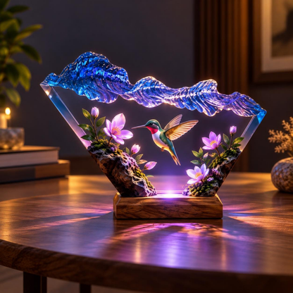 Handmade Hummingbird Resin Lamp - Floral LED Night Light