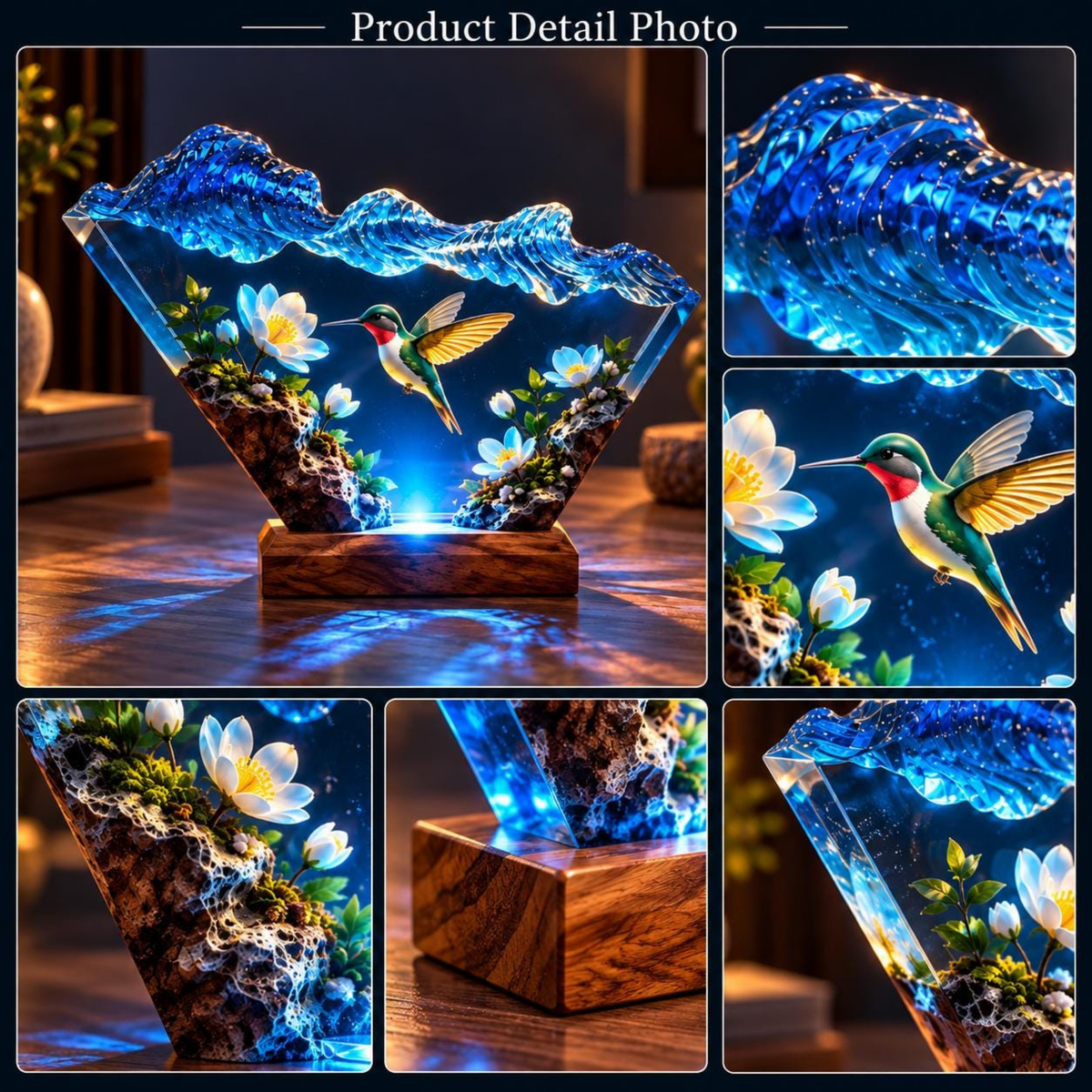Handmade Hummingbird Resin Lamp - Floral LED Night Light
