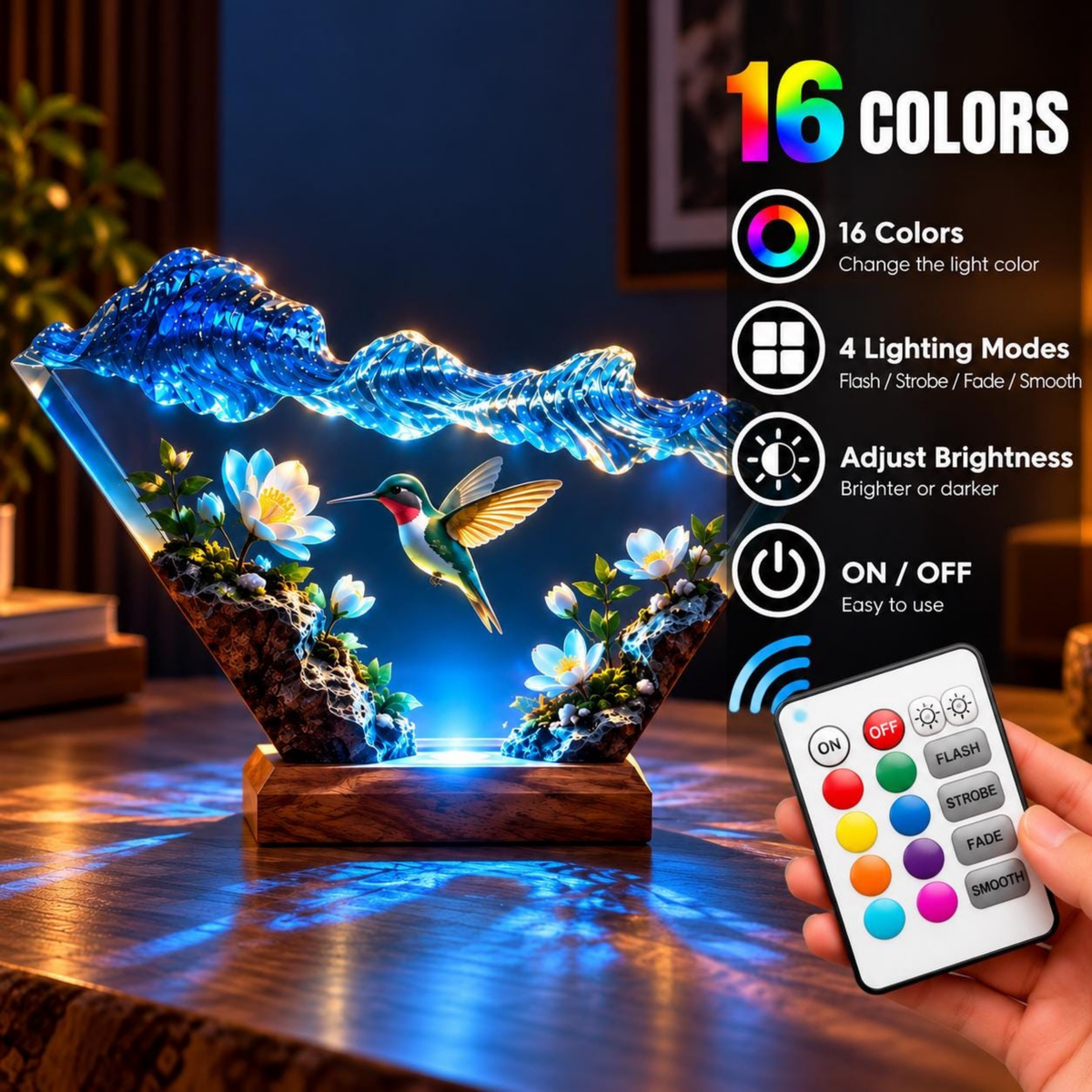 Handmade Hummingbird Resin Lamp - Floral LED Night Light