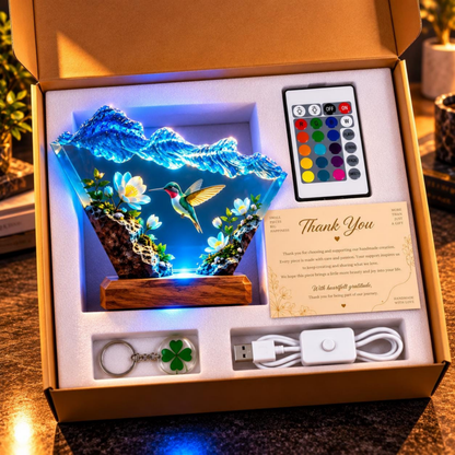 Handmade Hummingbird Resin Lamp - Floral LED Night Light