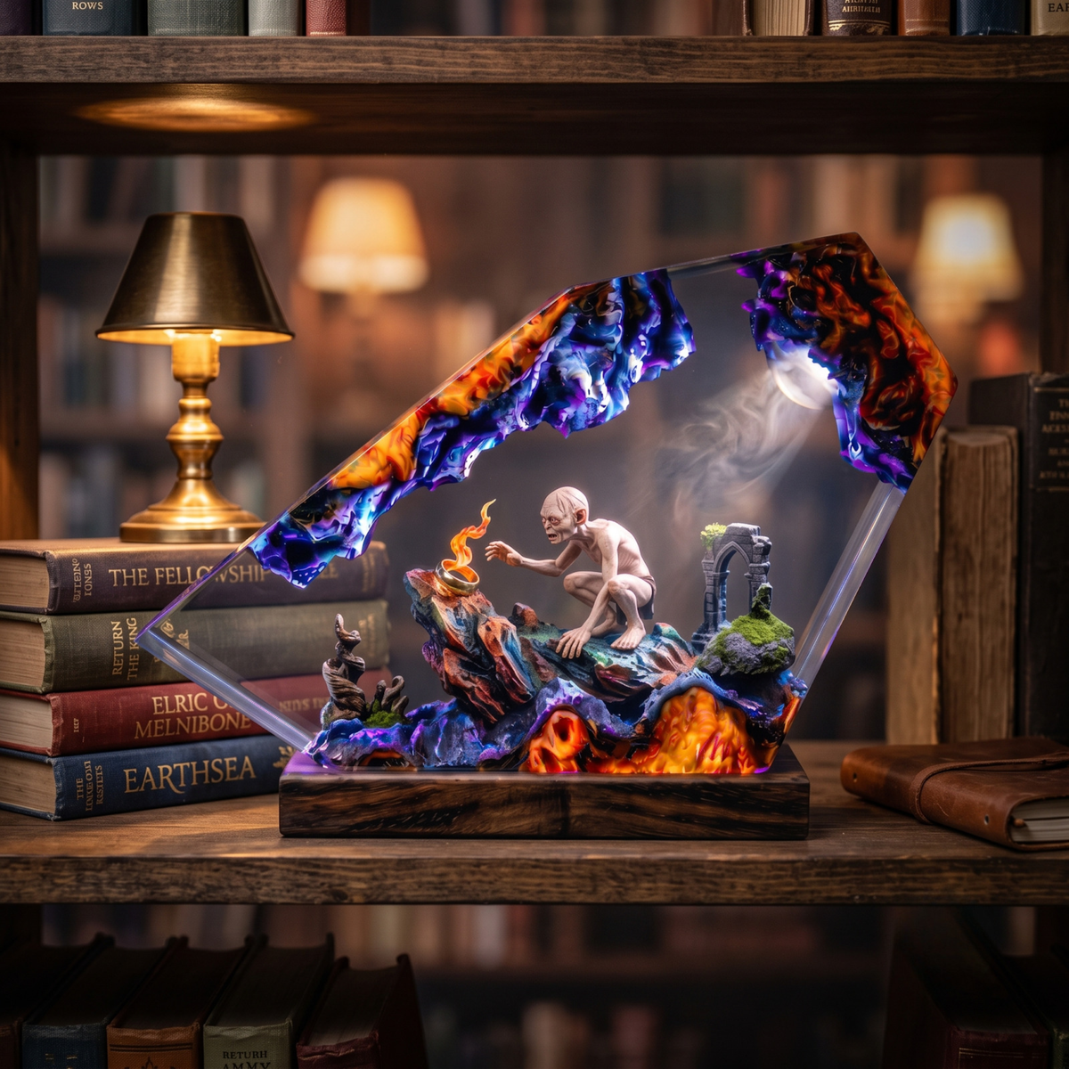 Cave Monster Lava Resin Lamp, Fantasy Volcano Ring Wood Diorama LED Desk Light, Halloween Gift For Him