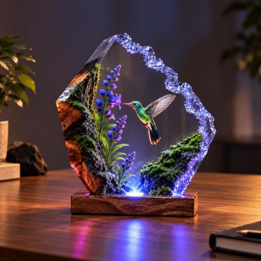 Custom Resin Hummingbird Lamp - Glowing Floral Night Light Bird Gift