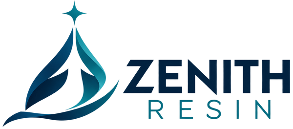Zenith Resin logo featuring a stylized teal and navy sailboat silhouette on the left, with the brand name 'ZENITH RESIN' in dark navy and teal text on a solid white background.