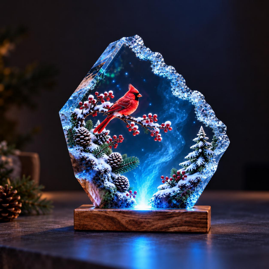 Cardinal Winter Forest Lamp - Glowing Resin Night Light