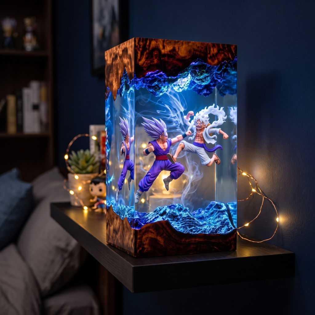Gohan Beast vs Luffy Gear 5 Resin Lamp – Handmade Wood & Epoxy Decor