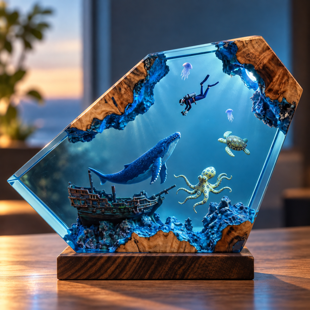 Deep Ocean Adventure Resin Lamp – Handmade Whale Night Light & Coastal Decor