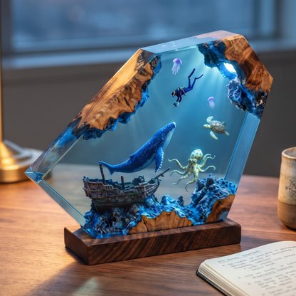 Deep Ocean Adventure Resin Lamp – Handmade Whale Night Light & Coastal Decor