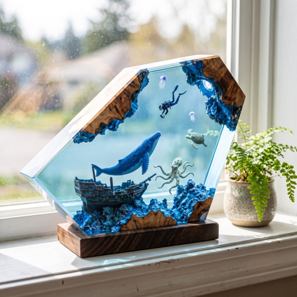 Deep Ocean Adventure Resin Lamp – Handmade Whale Night Light & Coastal Decor