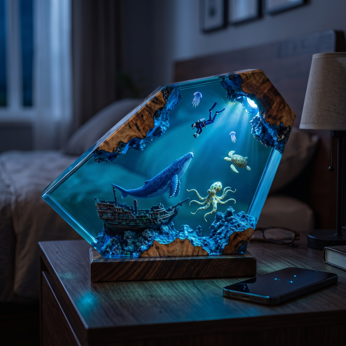 Deep Ocean Adventure Resin Lamp – Handmade Whale Night Light & Coastal Decor