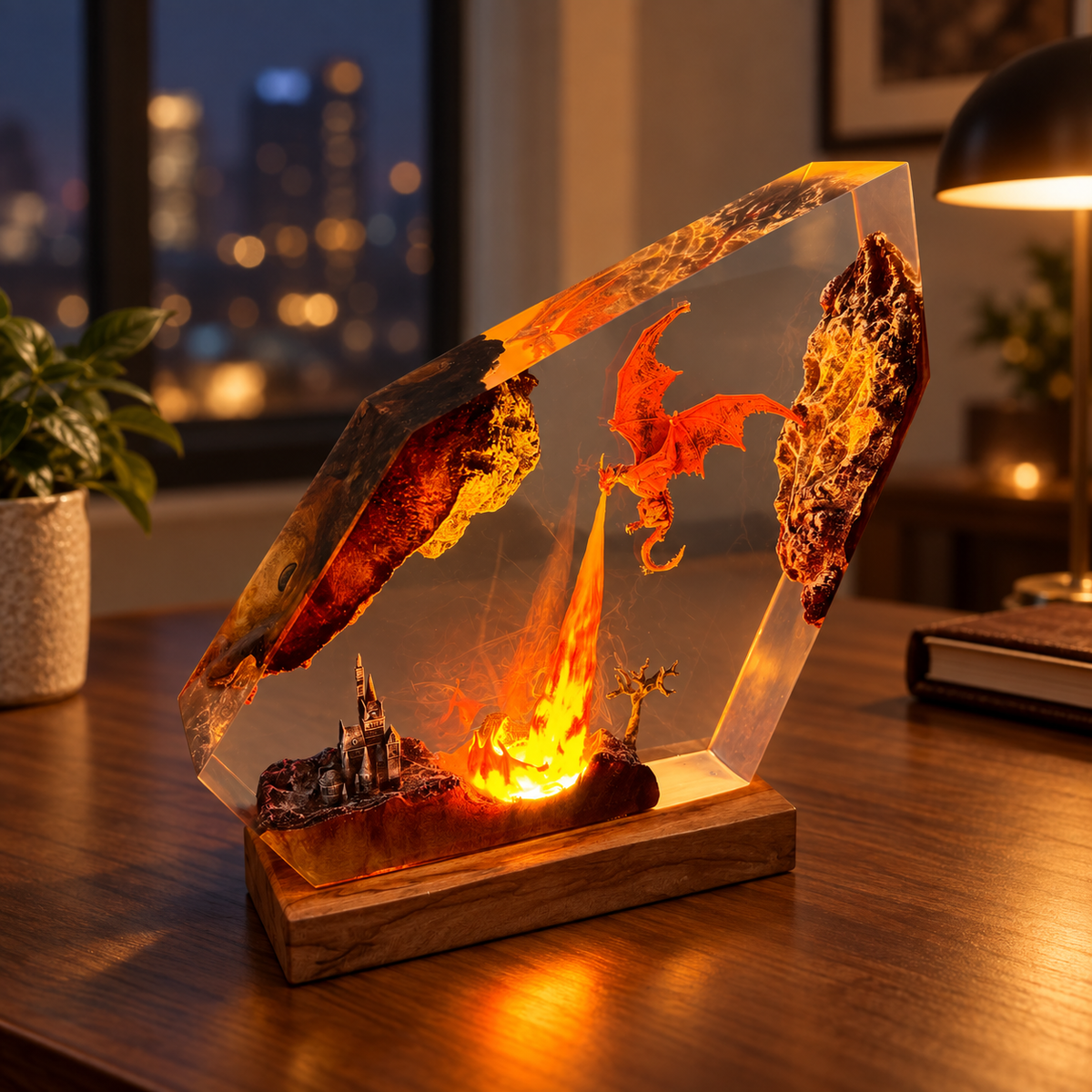 Fire Dragon Resin Lamp – Handmade Fantasy Castle LED Light