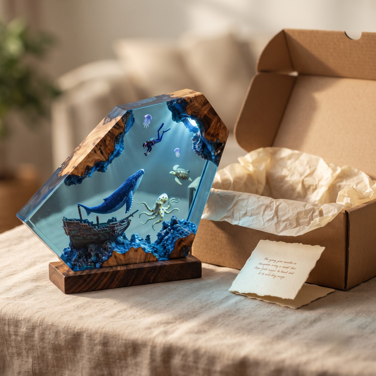 Deep Ocean Adventure Resin Lamp – Handmade Whale Night Light & Coastal Decor