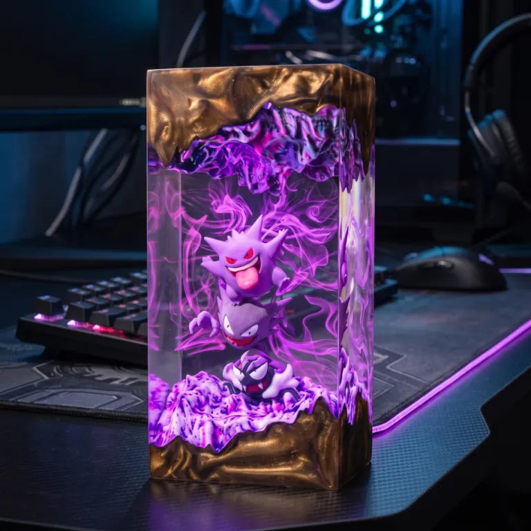 Gengar Resin Lamp - Handmade Epoxy Wood Night Light - Gengar Spooky Gamer