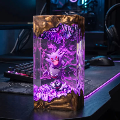 Gengar Resin Lamp - Handmade Epoxy Wood Night Light - Gengar Spooky Gamer