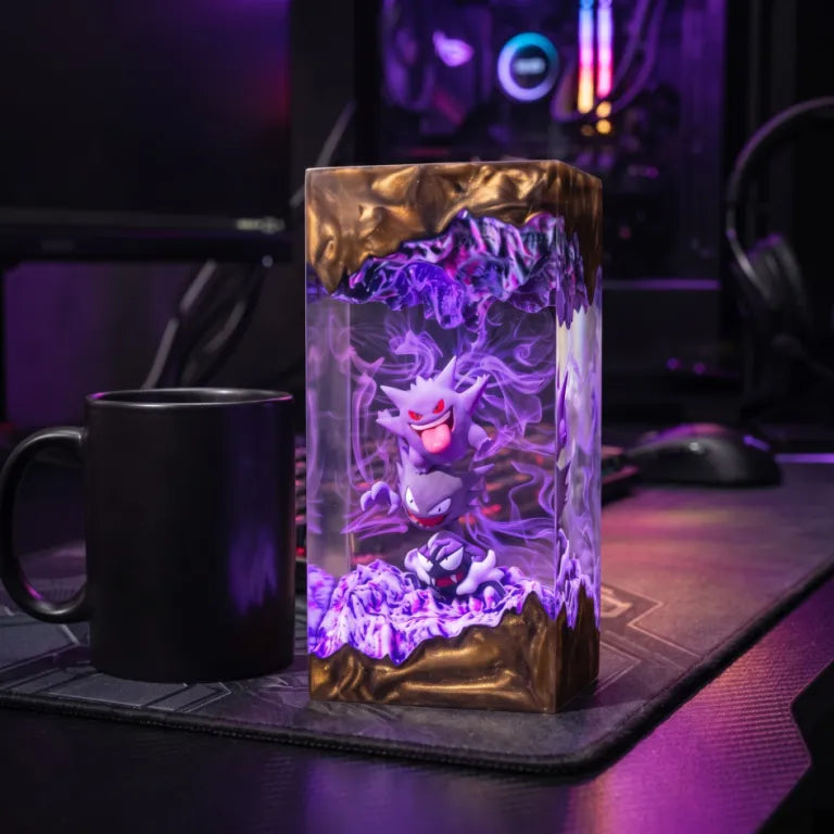 Gengar Resin Lamp - Handmade Epoxy Wood Night Light - Gengar Spooky Gamer