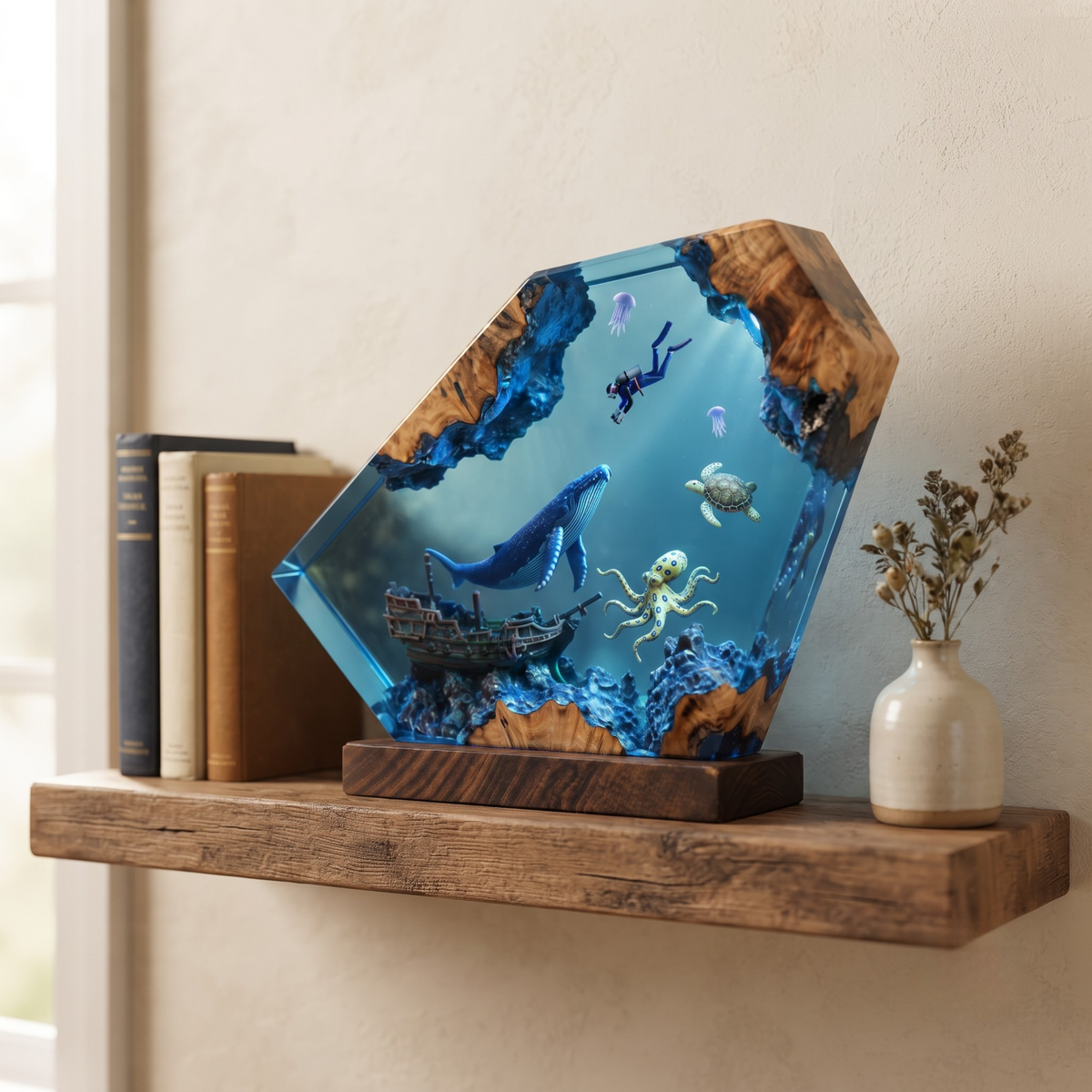 Deep Ocean Adventure Resin Lamp – Handmade Whale Night Light & Coastal Decor