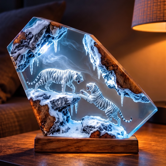 White Tiger Resin Lamp – Snow Cave Wildlife Diorama Night Light, Handmade Animal Decor