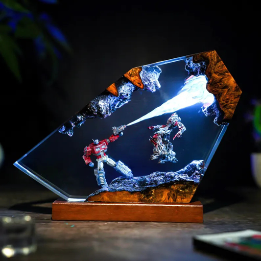 Robot Battle Resin Lamp with Green Light & Wood Base