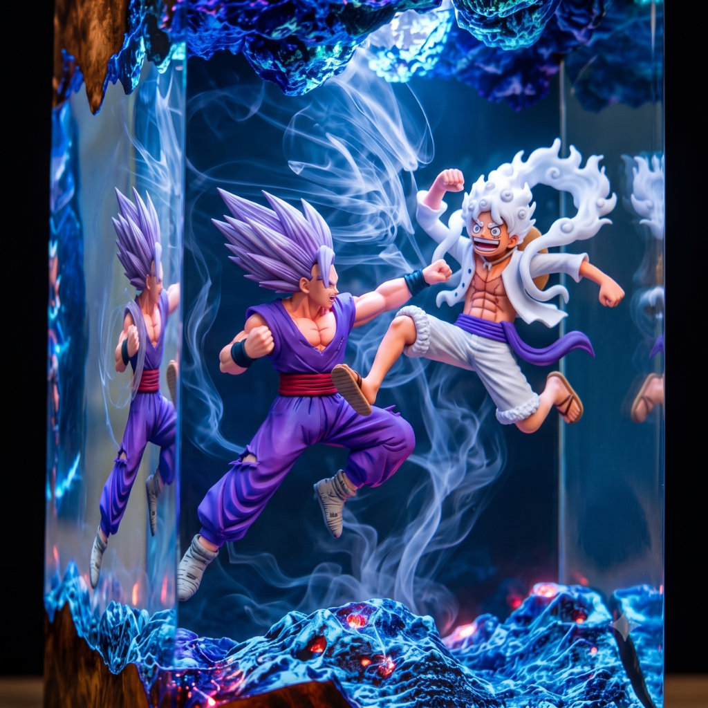 Gohan Beast vs Luffy Gear 5 Resin Lamp – Handmade Wood & Epoxy Decor
