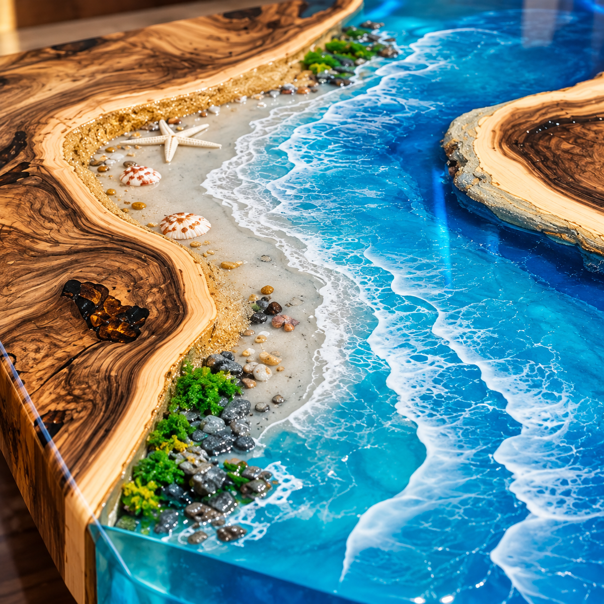 Handmade Luxury Ocean Epoxy Resin, Crystal Clear Beach Scene, Handmade Statement Furniture