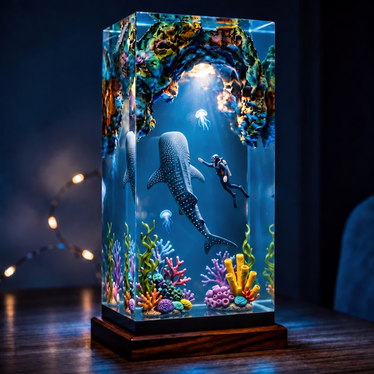 Whale Shark and Scuba Diver Epoxy Resin Lamp