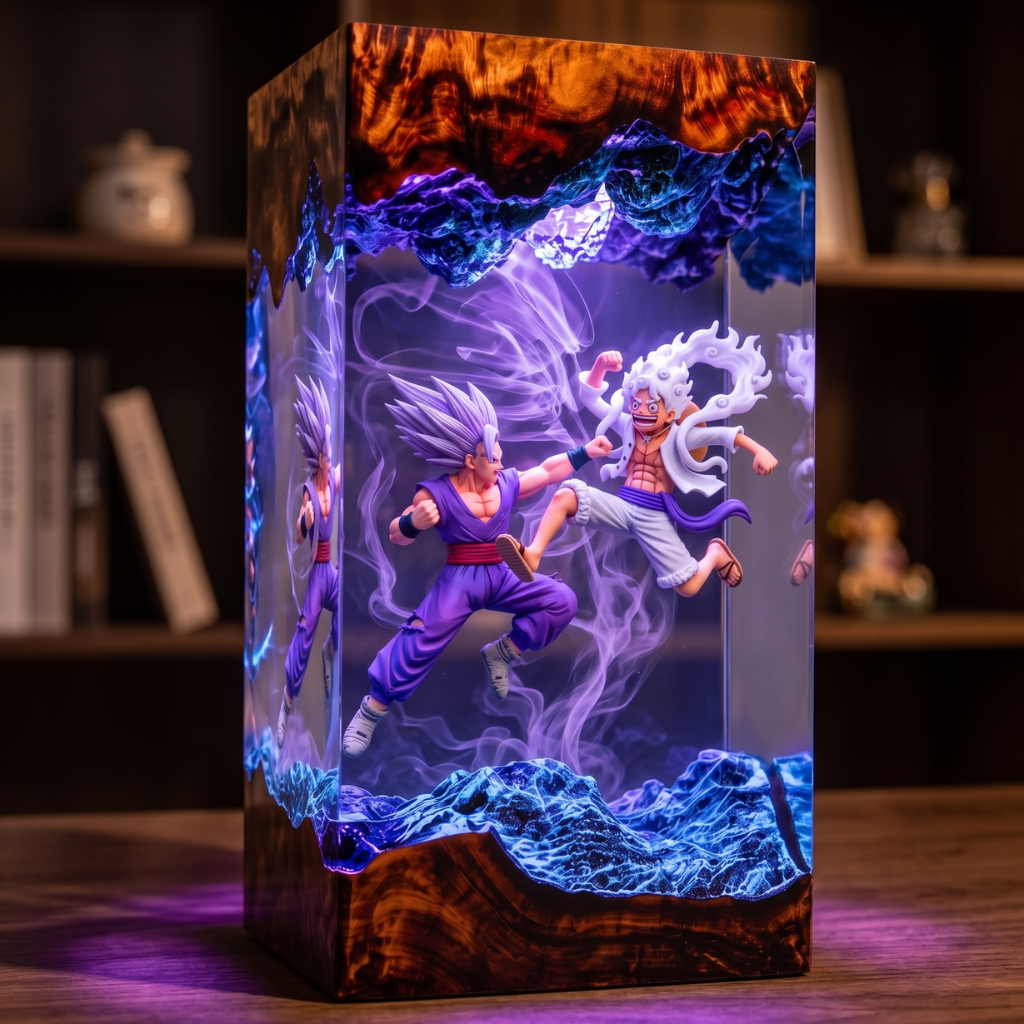 Gohan Beast vs Luffy Gear 5 Resin Lamp – Handmade Wood & Epoxy Decor