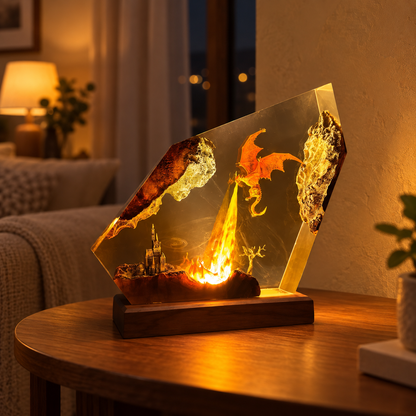 Fire Dragon Resin Lamp – Handmade Fantasy Castle LED Light