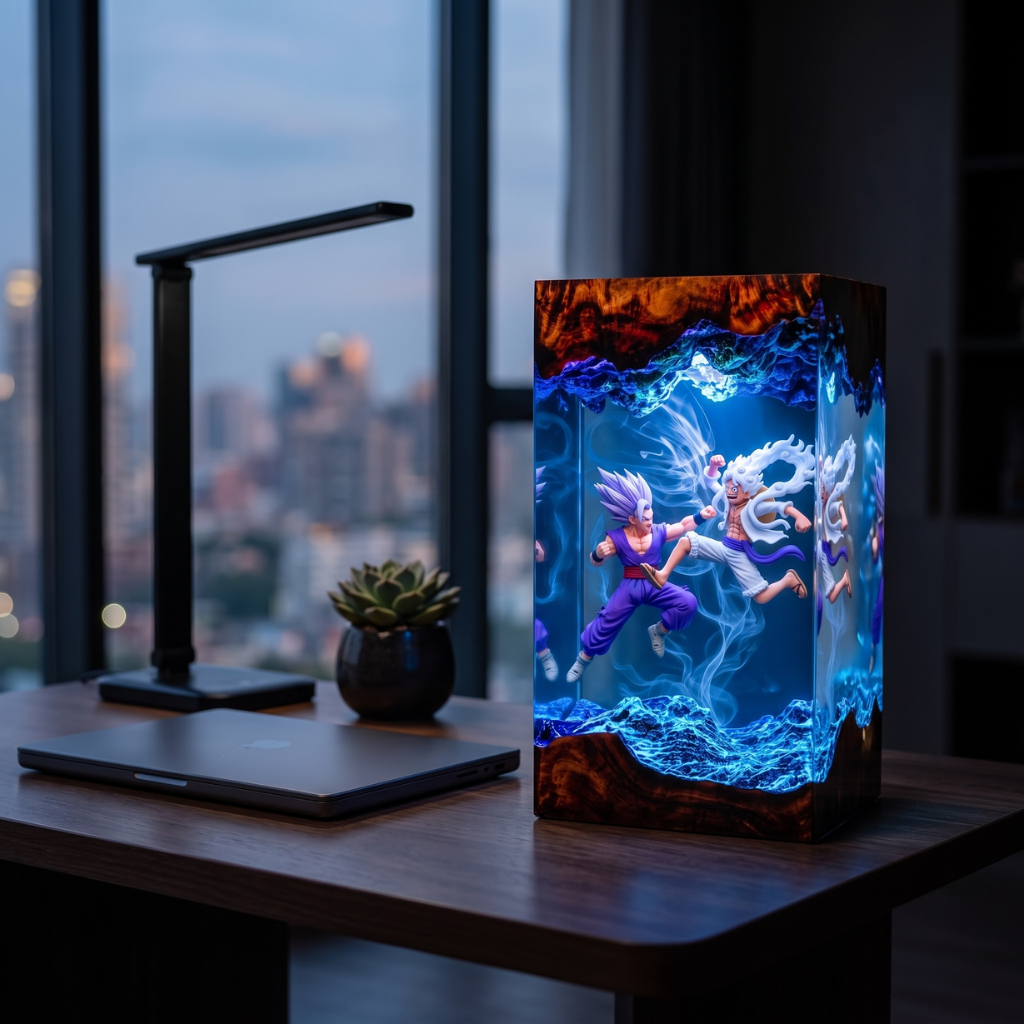 Gohan Beast vs Luffy Gear 5 Resin Lamp – Handmade Wood & Epoxy Decor