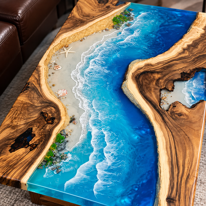 Handmade Luxury Ocean Epoxy Resin, Crystal Clear Beach Scene, Handmade Statement Furniture