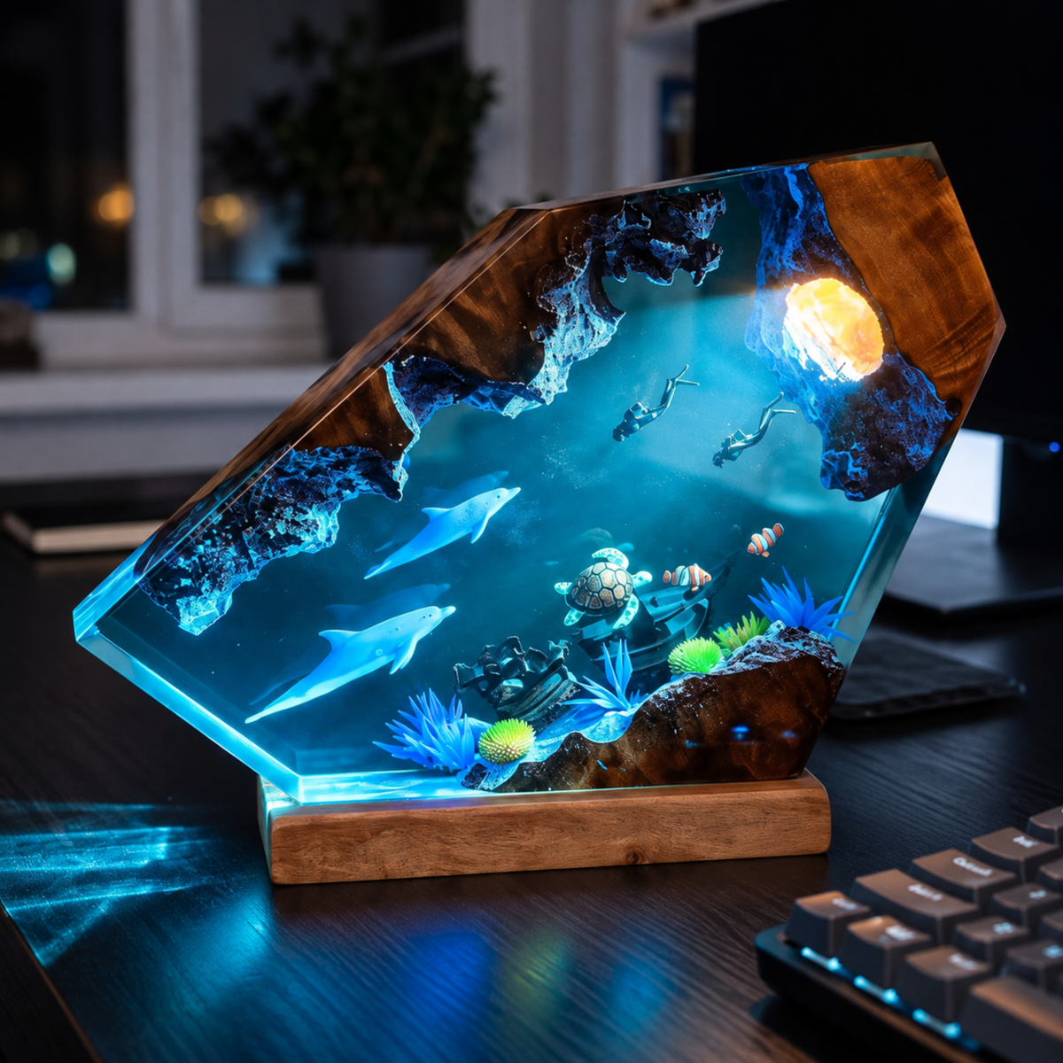 Ocean Resin Lamp with Dolphins, Sea Turtle and Scuba Divers