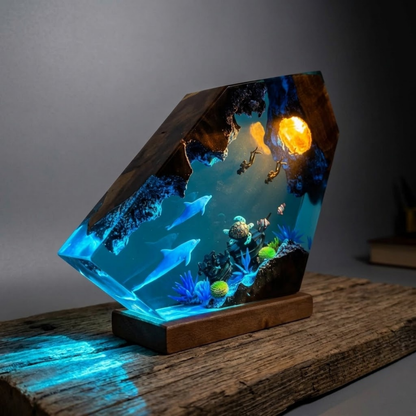 Ocean Resin Lamp with Dolphins, Sea Turtle and Scuba Divers