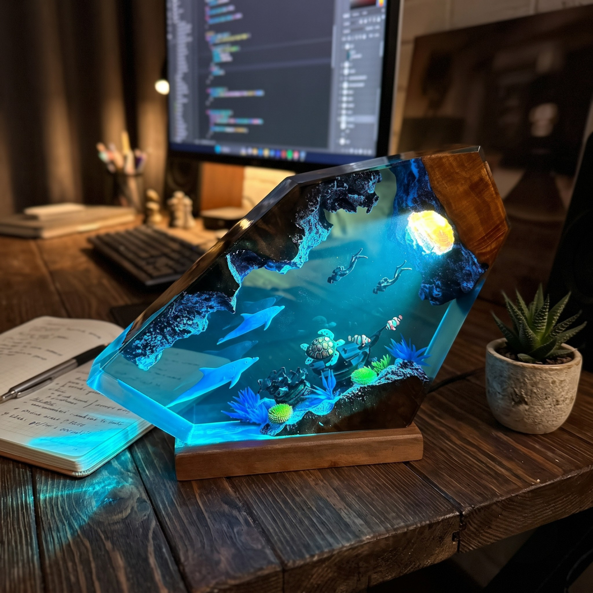 Ocean Resin Lamp with Dolphins, Sea Turtle and Scuba Divers