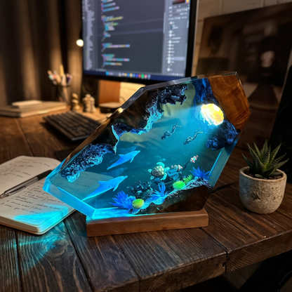 Ocean Resin Lamp with Dolphins, Sea Turtle and Scuba Divers