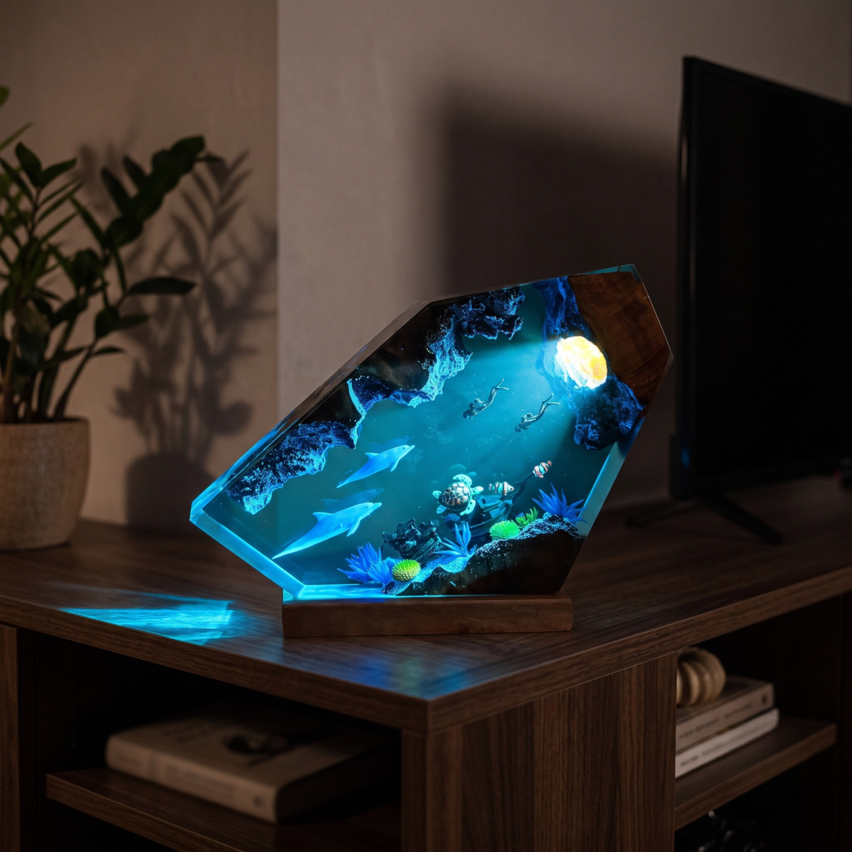 Ocean Resin Lamp with Dolphins, Sea Turtle and Scuba Divers