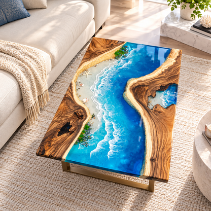 Handmade Luxury Ocean Epoxy Resin, Crystal Clear Beach Scene, Handmade Statement Furniture