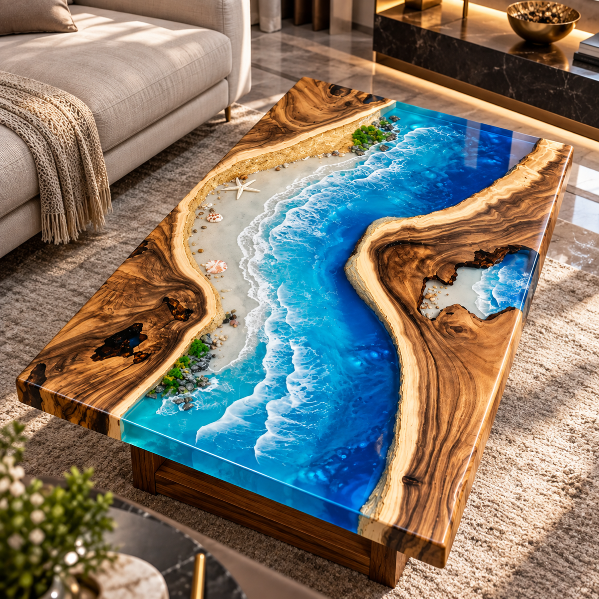 Handmade Luxury Ocean Epoxy Resin, Crystal Clear Beach Scene, Handmade Statement Furniture