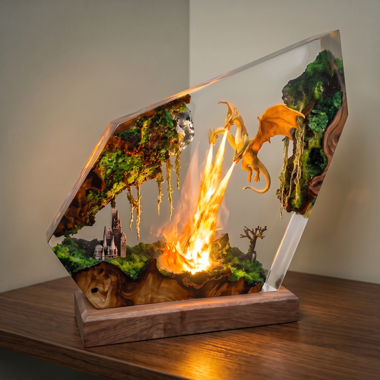 Handmade Three Headed Dragon Resin Lamp - Epoxy LED Fire Dragon Diorama with Natural Wood Base