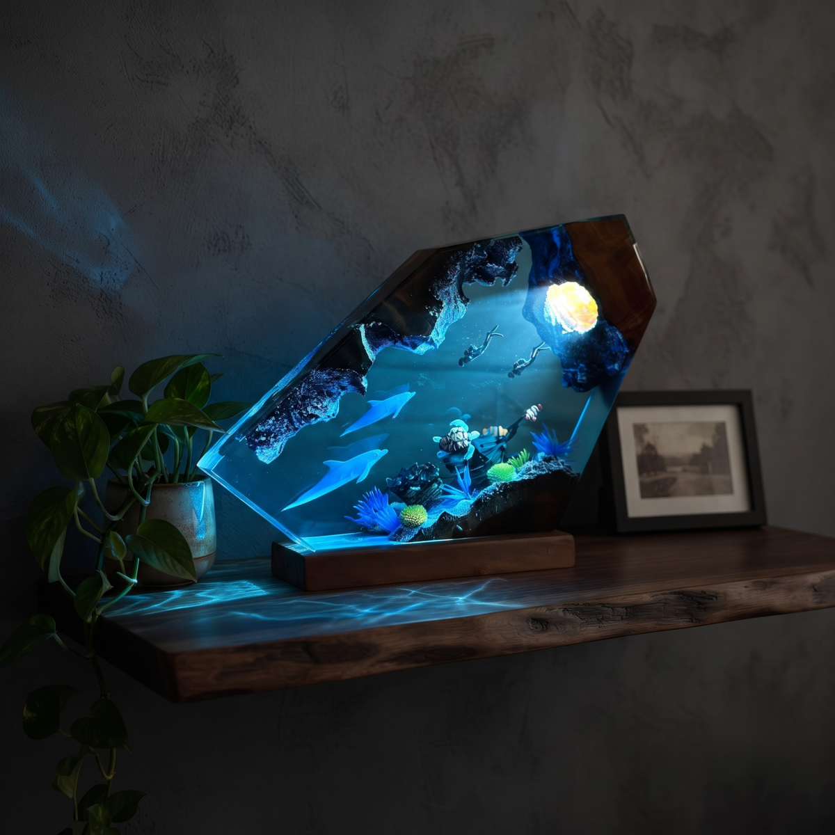 Ocean Resin Lamp with Dolphins, Sea Turtle and Scuba Divers