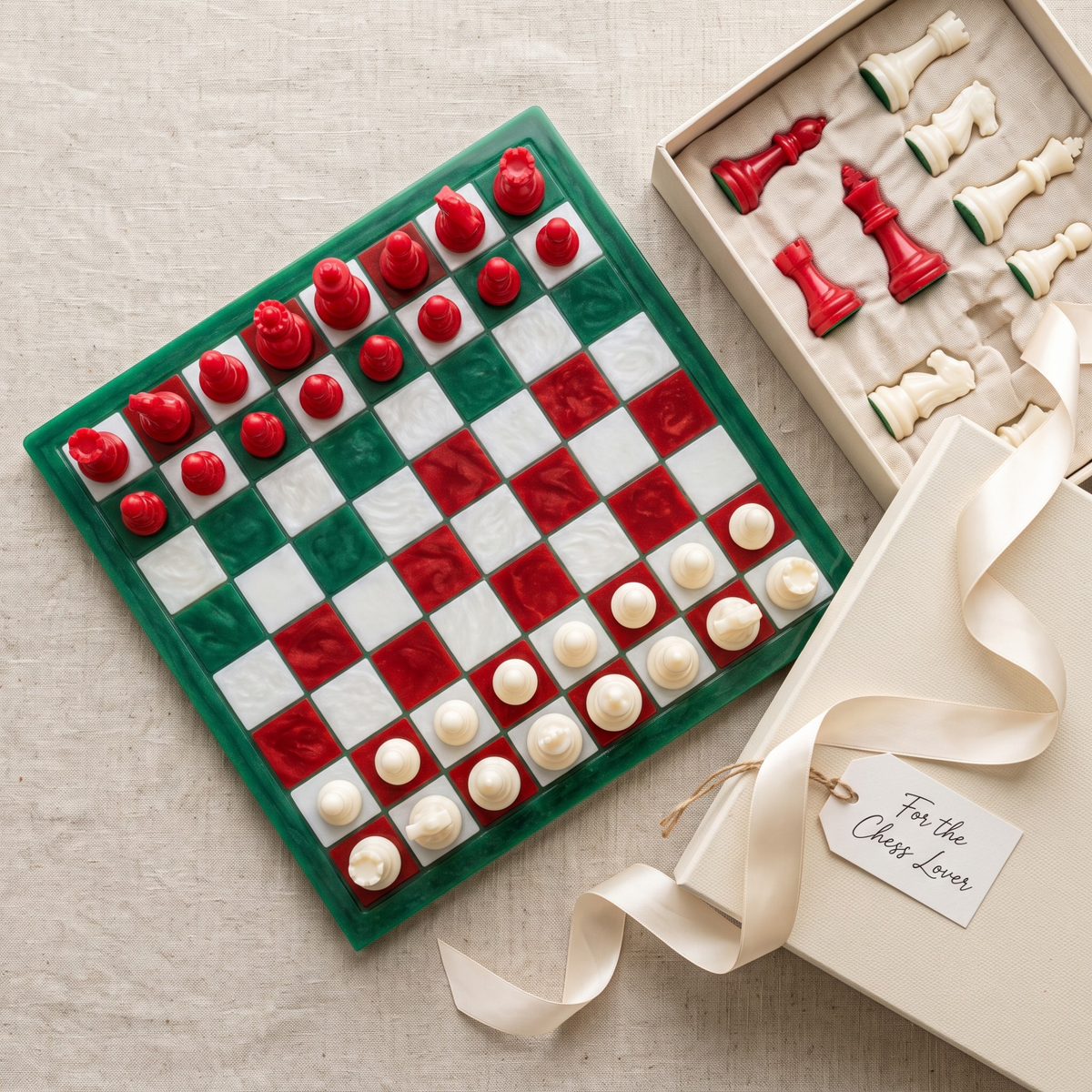 Handcrafted Holiday Resin Chess Set with Board - Red and Green Chessboard