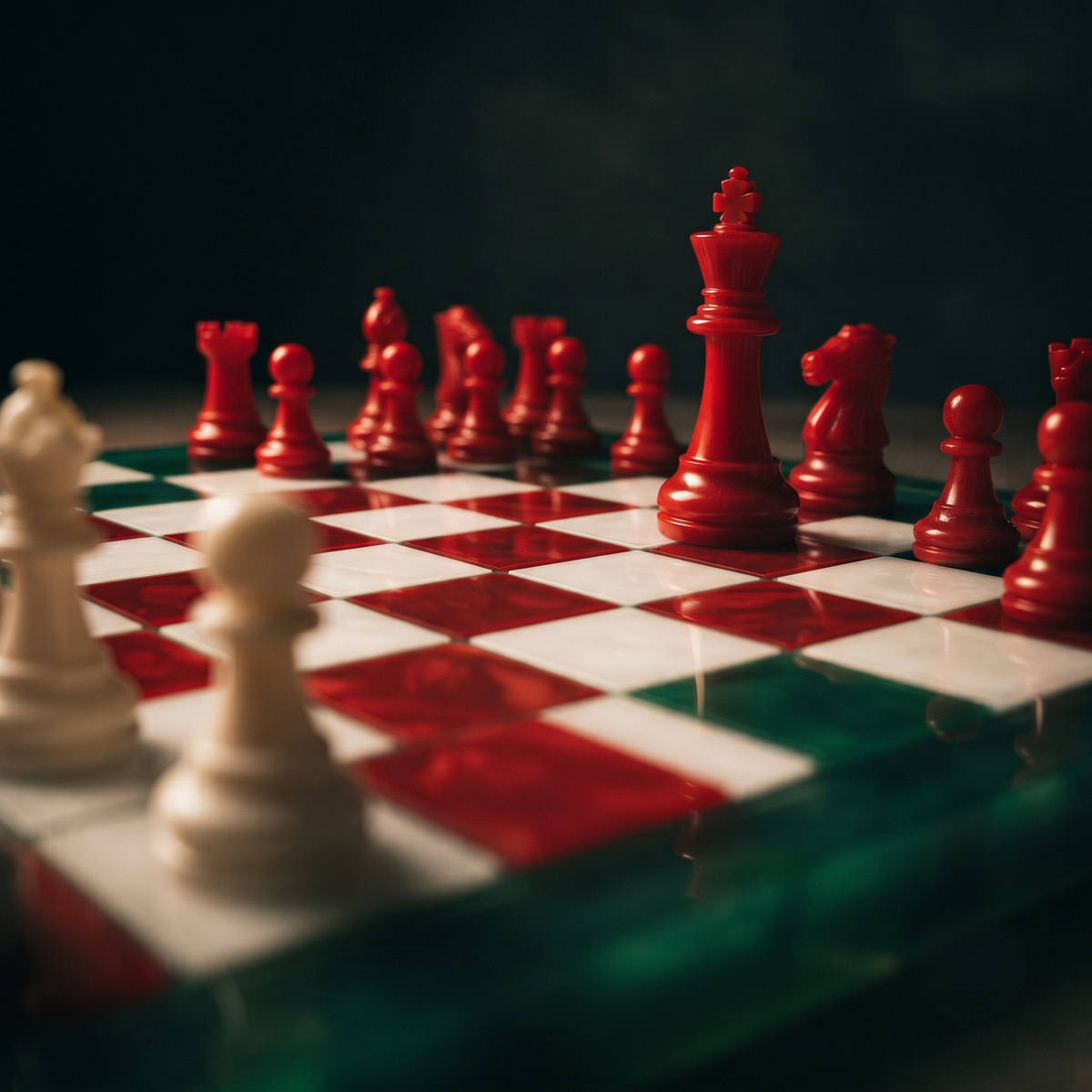 Handcrafted Holiday Resin Chess Set with Board - Red and Green Chessboard