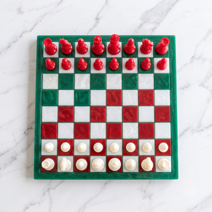 Handcrafted Holiday Resin Chess Set with Board - Red and Green Chessboard