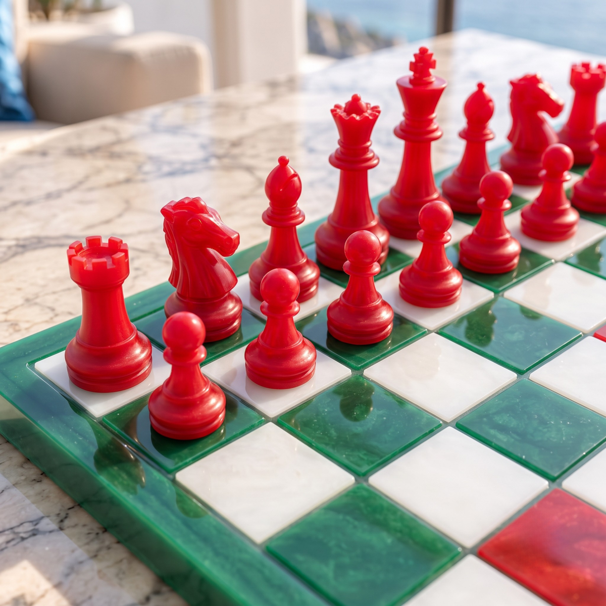 Handcrafted Holiday Resin Chess Set with Board - Red and Green Chessboard