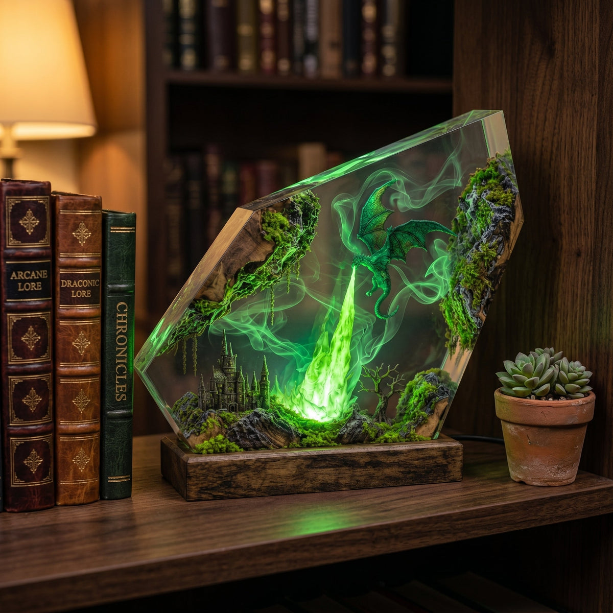 Emerald Dragon Resin Lamp with Color-Changing LED, Green Night Light