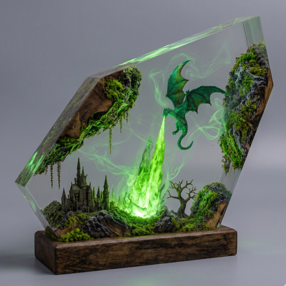 Emerald Dragon Resin Lamp with Color-Changing LED, Green Night Light